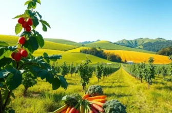 A scenic view of a lush landscape filled with fresh fruits and vegetables.