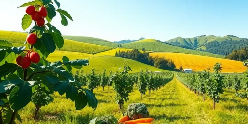 A scenic view of a lush landscape filled with fresh fruits and vegetables.