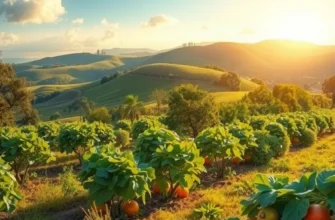 A lush garden showcasing an abundance of fruits and vegetables under warm sunlight.