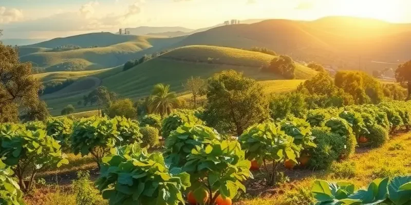 A lush garden showcasing an abundance of fruits and vegetables under warm sunlight.