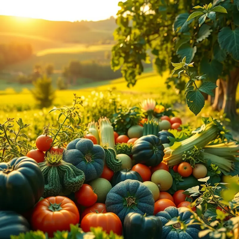 A vibrant fruit orchard filled with fresh produce under warm sunlight.