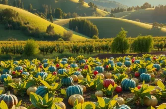 Lush, vibrant field filled with various fruits and vegetables ready for harvest.