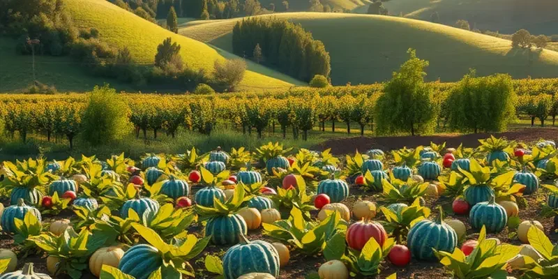 Lush, vibrant field filled with various fruits and vegetables ready for harvest.
