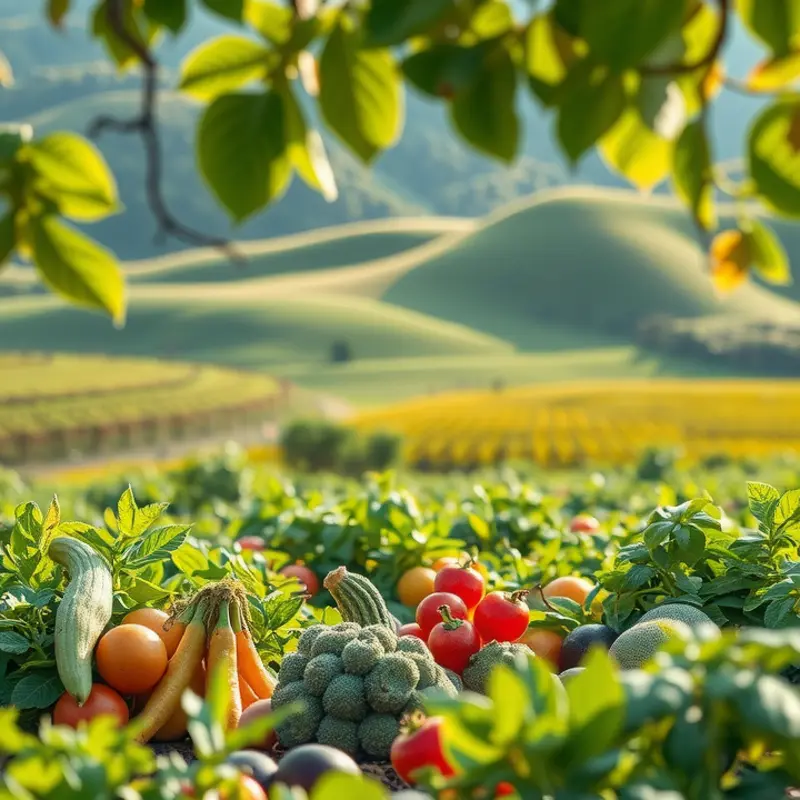 A sunlit orchard showcasing vibrant vegetables and fruits.