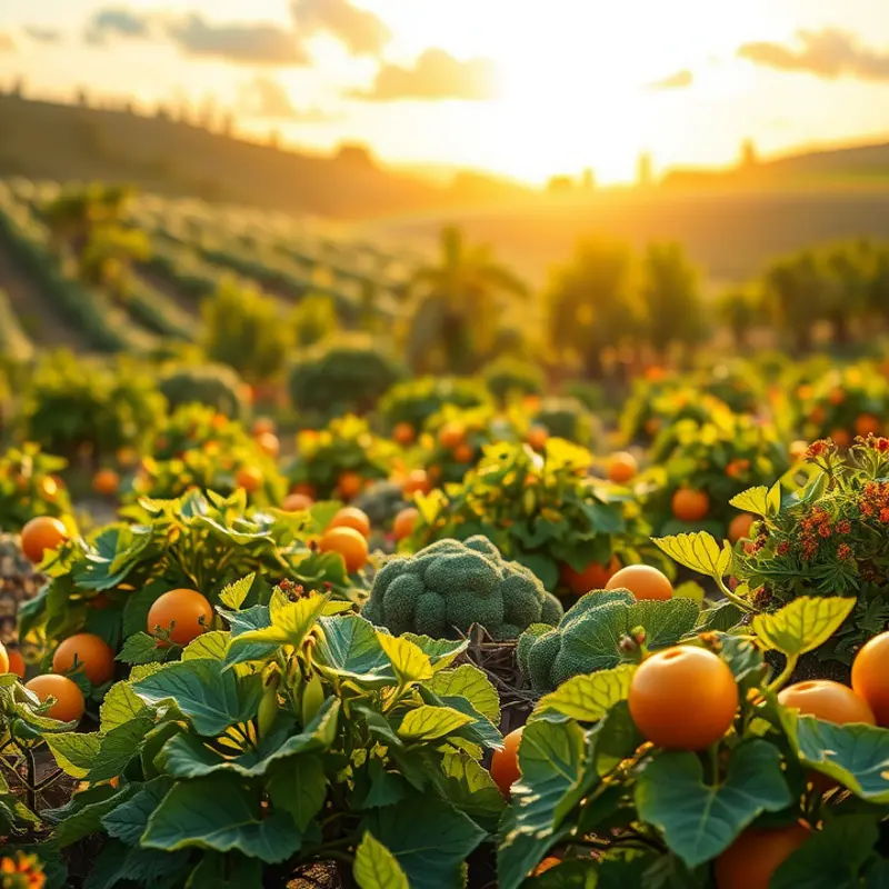 A serene sunlit field abundant with vibrant vegetables and fruits, symbolizing nature’s freshness.
