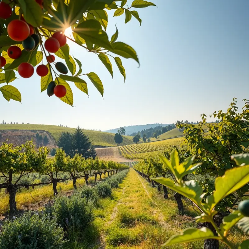 A sunlit field abundant with vibrant fruits and vegetables.