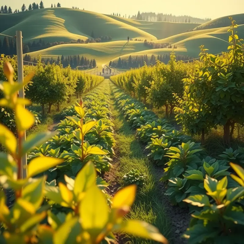 Lush sunlit field showcasing vibrant vegetables and fruits.