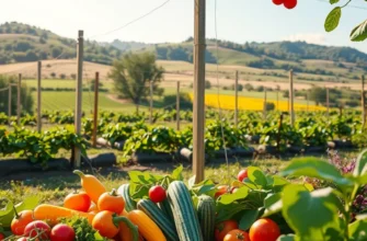 A lush sunlit field with vibrant produce, symbolizing the natural ingredients integral to bread fermentation.
