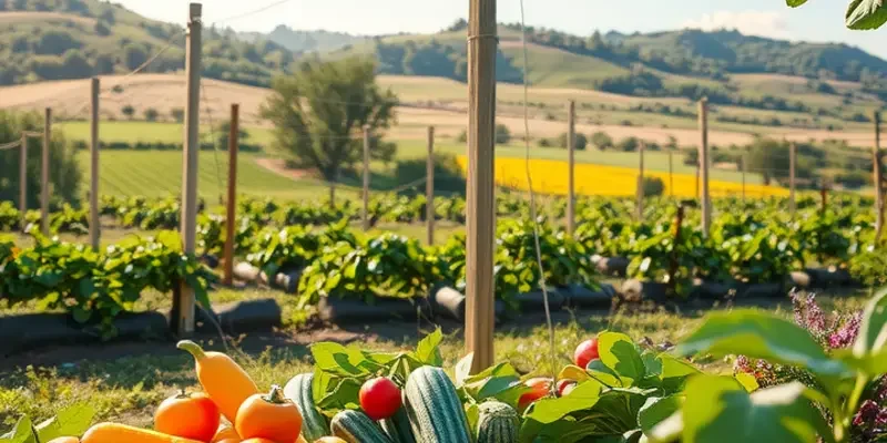 A lush sunlit field with vibrant produce, symbolizing the natural ingredients integral to bread fermentation.