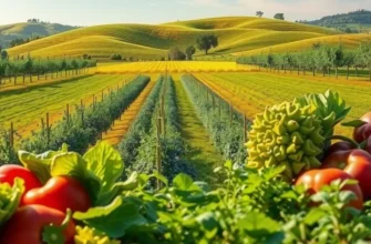 A picturesque sunlit landscape featuring a variety of organic fruits and vegetables among greenery.