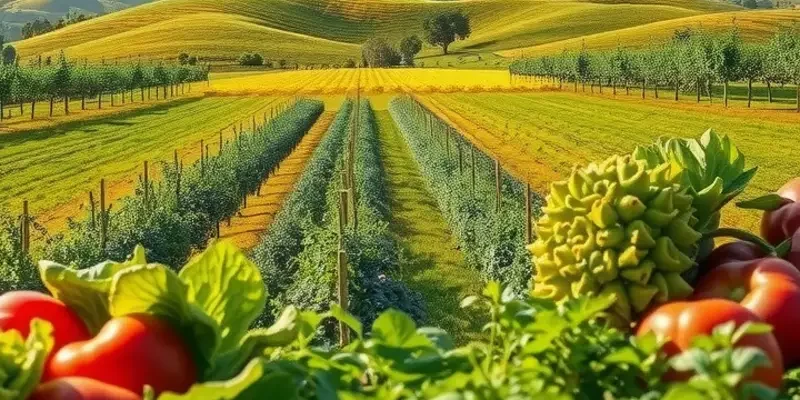 A picturesque sunlit landscape featuring a variety of organic fruits and vegetables among greenery.
