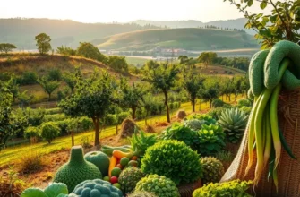 A stunning and peaceful landscape filled with a variety of fruits and vibrant greenery.