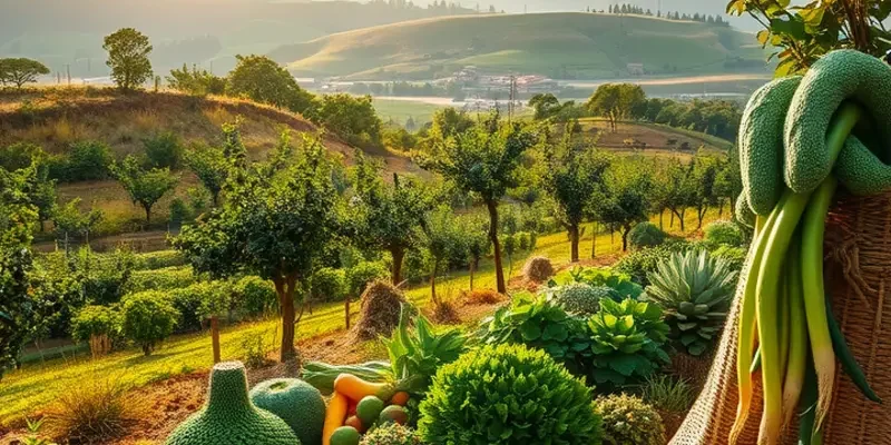 A stunning and peaceful landscape filled with a variety of fruits and vibrant greenery.