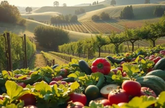 A vibrant landscape filled with a variety of colorful vegetables and fruits, symbolizing healthy nutrition.