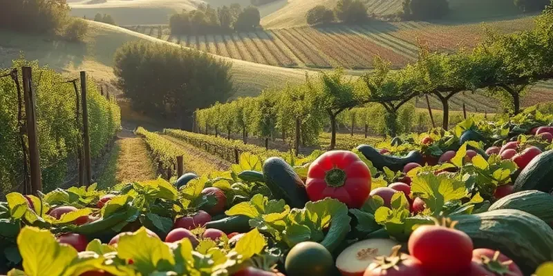 A vibrant landscape filled with a variety of colorful vegetables and fruits, symbolizing healthy nutrition.