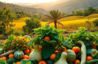 A picturesque orchard filled with a variety of fresh, ripe fruits and vegetables.