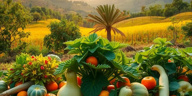 A picturesque orchard filled with a variety of fresh, ripe fruits and vegetables.