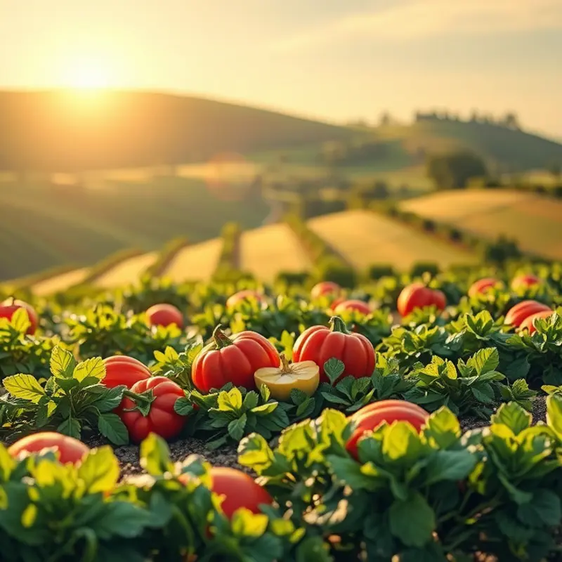 A serene sunlit landscape showcasing organic vegetables and fruits in a lush, vibrant setting.