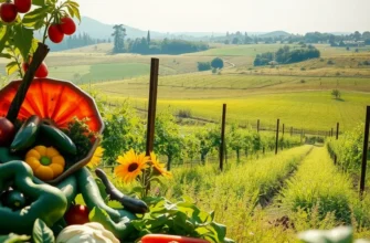 A vibrant landscape showcasing an array of organic vegetables and fruits in a natural setting.