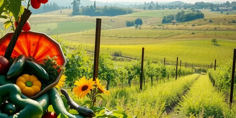 A vibrant landscape showcasing an array of organic vegetables and fruits in a natural setting.