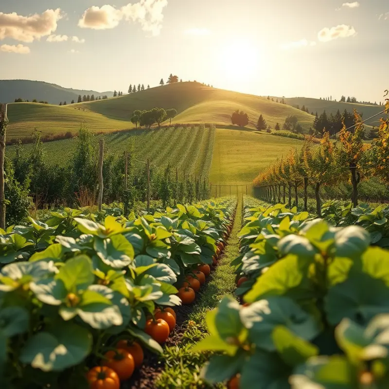 A picturesque orchard flourishing with vibrant fruits and vegetables in natural light.