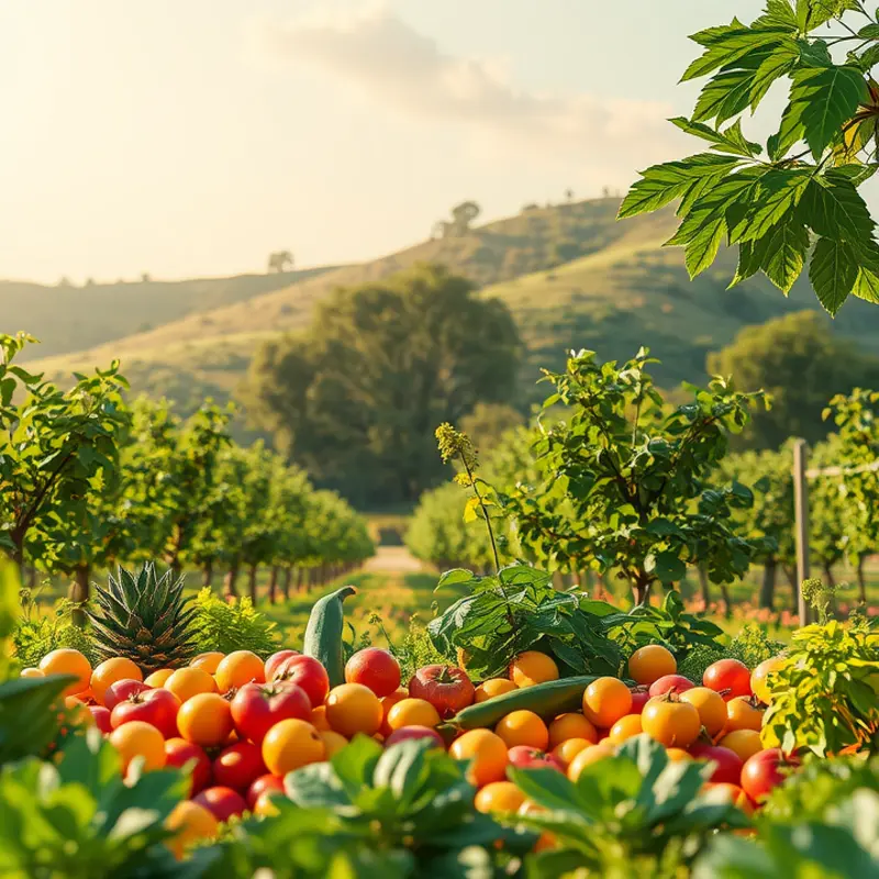A breathtaking sunlit orchard brimming with vibrant, organic produce.