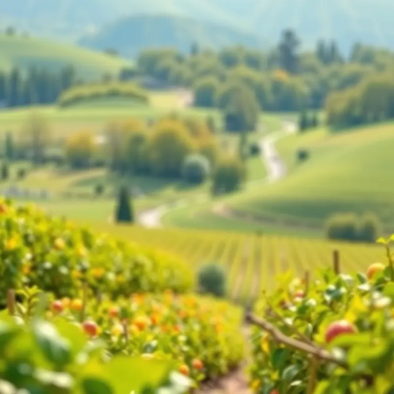 A vibrant orchard showcasing fresh vegetables and fruits amidst lush greenery.