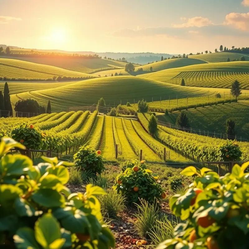 A sunlit field filled with vibrant vegetables and fruits, showcasing the abundance of organic produce.