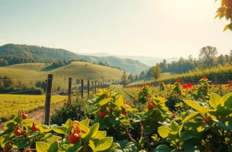 A stunning natural landscape with various fruits and vegetables flourishing in harmony.