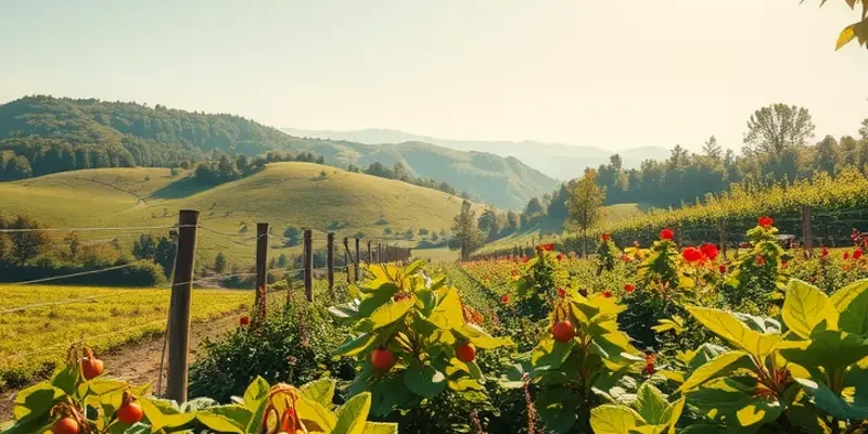 A stunning natural landscape with various fruits and vegetables flourishing in harmony.