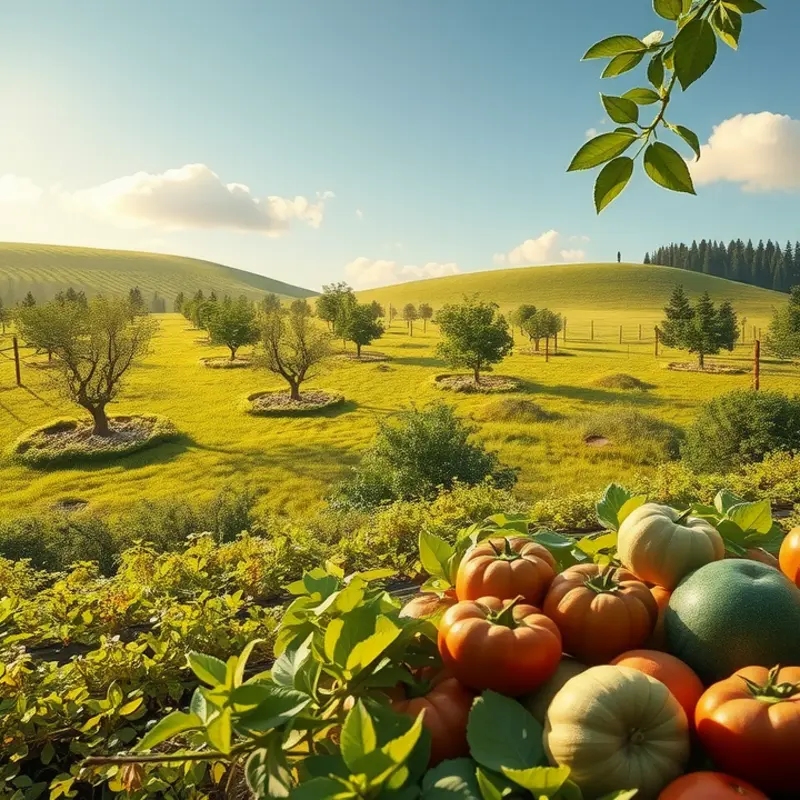 A vibrant orchard showcasing organic vegetables and fruits in a lush, sunlit field.