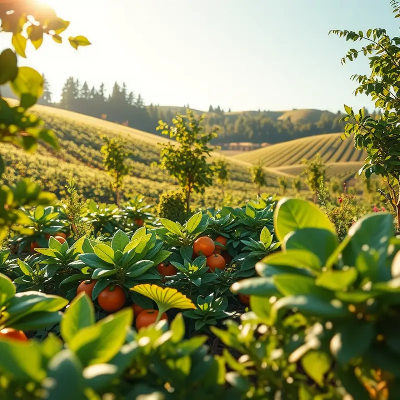A sunlit scene of vibrant vegetables and fruits in an organic orchard.
