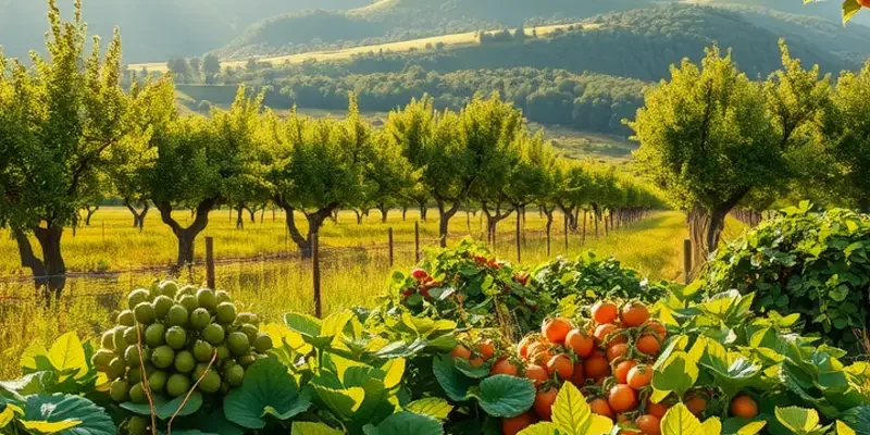 A tranquil nature scene with bountiful organic fruits and vegetables growing in sunlight.