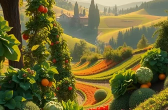 Photorealistic landscape of a sunlit field filled with vibrant fruits and vegetables, emphasizing organic growth.