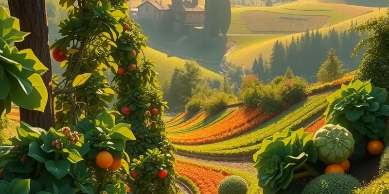 Photorealistic landscape of a sunlit field filled with vibrant fruits and vegetables, emphasizing organic growth.