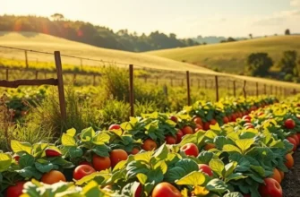 A picturesque landscape filled with vibrant fruits and vegetables in a sunlit orchard.