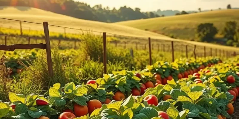 A picturesque landscape filled with vibrant fruits and vegetables in a sunlit orchard.