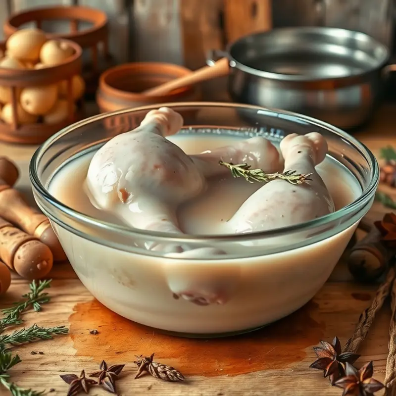 A close-up of a brining solution for juicy chicken, showcasing fresh herbs and spices.