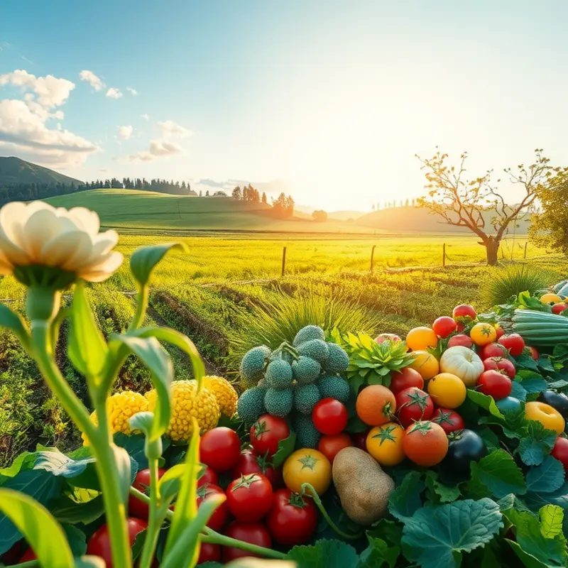 A serene sunlit orchard filled with vibrant vegetables and fruits.
