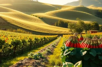 A beautifully lit landscape of a sun-drenched field filled with lush, vibrant vegetables and fruits, symbolizing healthy cooking.