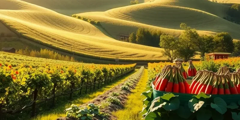 A beautifully lit landscape of a sun-drenched field filled with lush, vibrant vegetables and fruits, symbolizing healthy cooking.