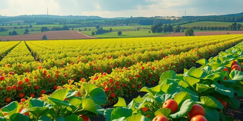 A panoramic view displaying organic fields teeming with fruits and vegetables.