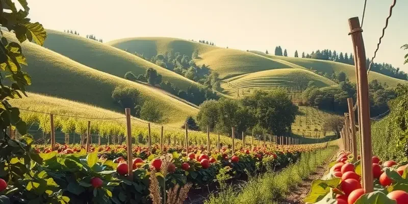 A beautiful natural landscape overflowing with vibrant fruits and vegetables.