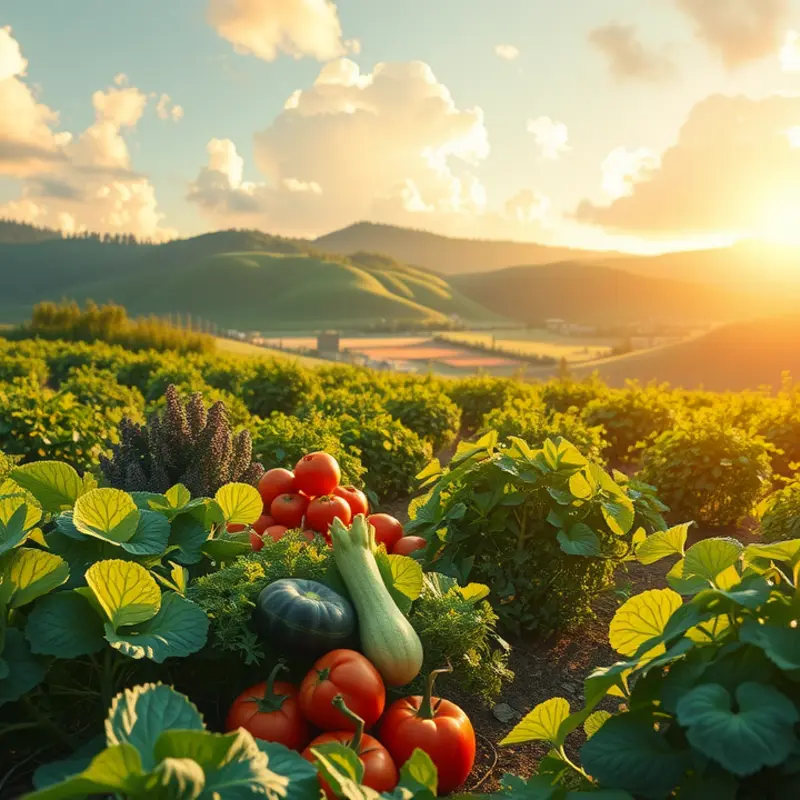 A sunlit field showcasing vibrant vegetables and fruits, emphasizing the natural abundance of healthy nutrition.