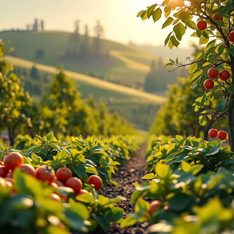 Vibrant fruits and vegetables in a sunlit orchard, symbolizing nature’s abundance.