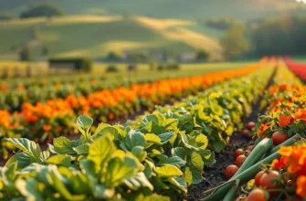 A serene sunlit field depicting luscious vegetables and fruits, emphasizing healthy, organic agricultural practices.