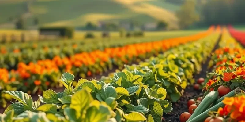 A serene sunlit field depicting luscious vegetables and fruits, emphasizing healthy, organic agricultural practices.