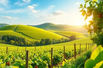 A calming sunlit landscape filled with vibrant fruits and vegetables, emphasizing the natural sources of healthy carbohydrates.