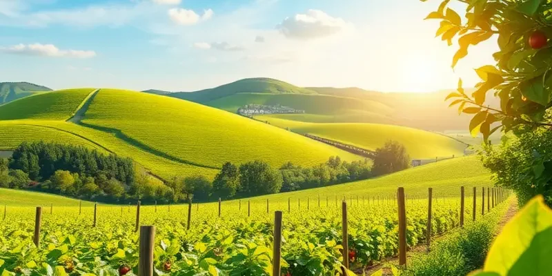 A calming sunlit landscape filled with vibrant fruits and vegetables, emphasizing the natural sources of healthy carbohydrates.