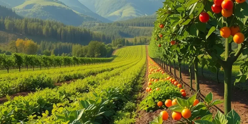 A picturesque sunlit field filled with organic produce representing the nutritional essence of carob.